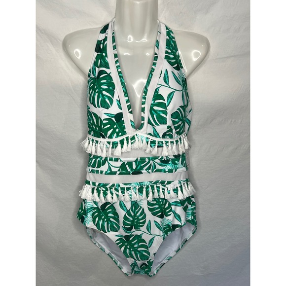 COCOSHIP Other - NWT Cocoship Green White Tropical Palm Print Halter Tassels Swimsuit Size 16